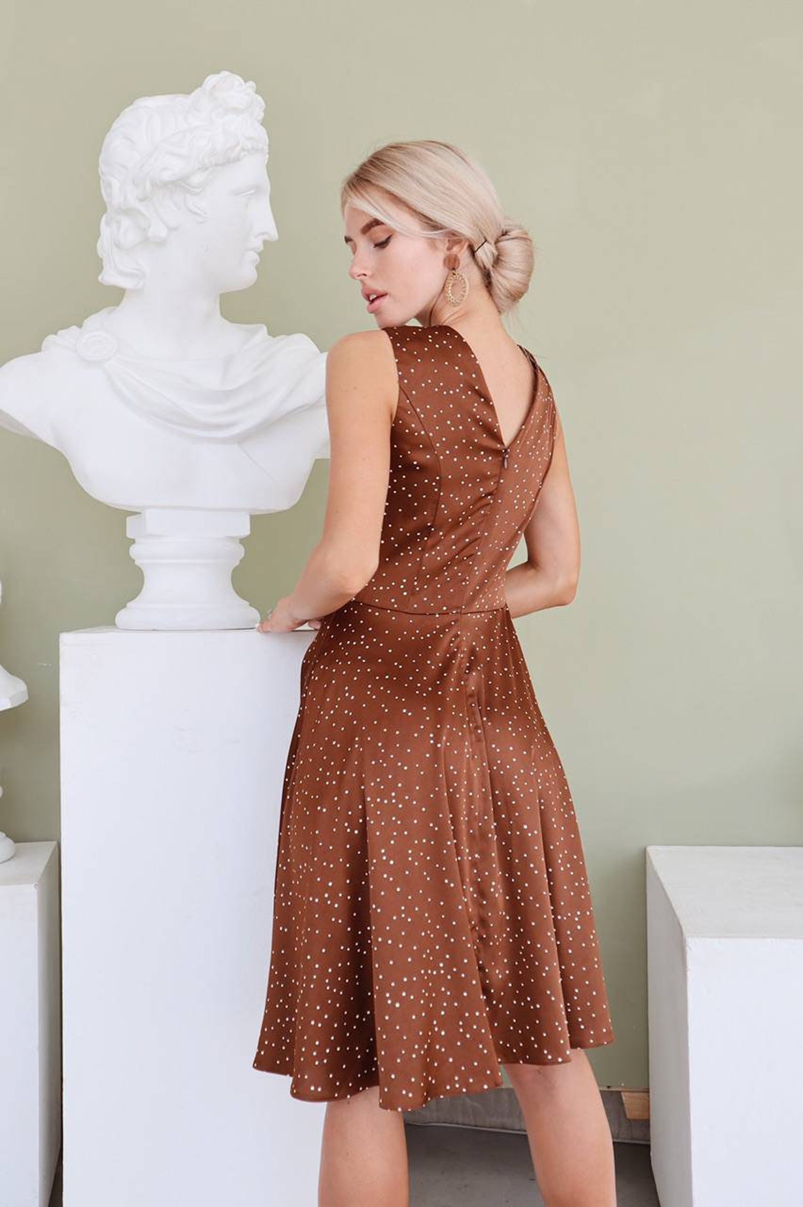 Brown Polka Dot Silk Midi Dress for Women with Crew Neck Front Etsy