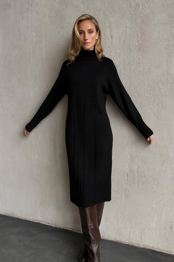 black wool midi dress Black Dress, Wool Dress, Maxi Dress, Long Dress, Black Dress, Boiled Wool,  Natural Wool, Winter Dress, Midi Dress, Pinafore Dress VALIA