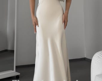 Ivory Satin Slip Dress: A-Line Maxi Gown with Spaghetti Straps