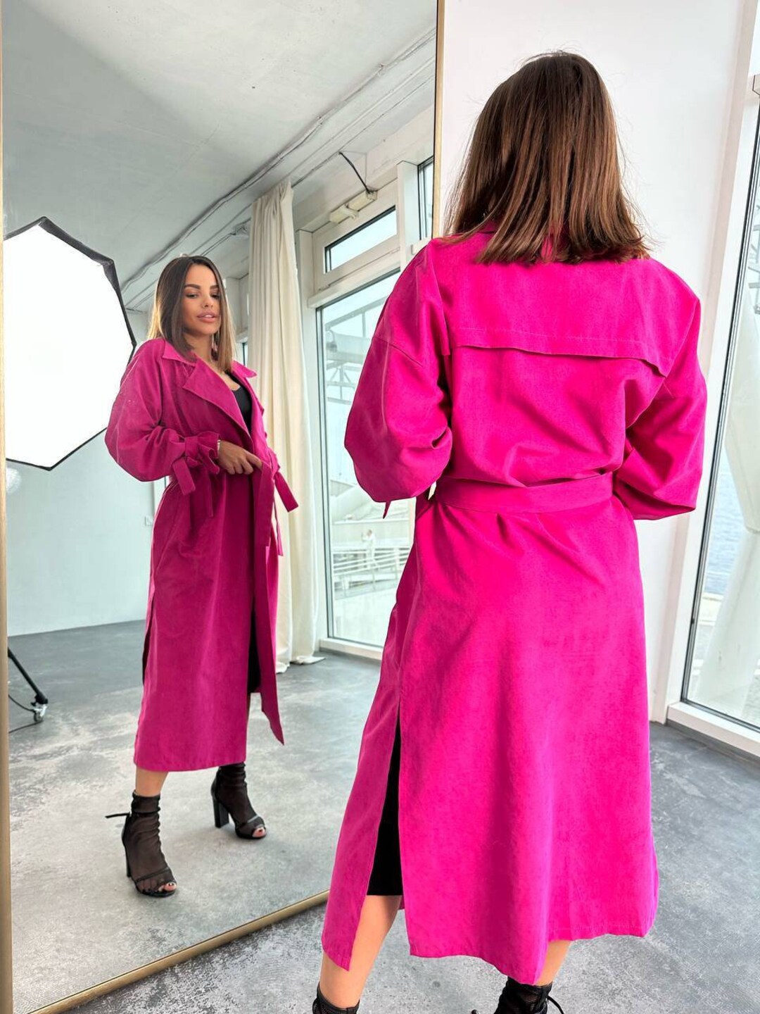 Hot Pink Wrap Coat for Women Oversized Raincoat Elegant Belted Etsy