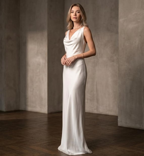 simple elegant dinner dress Backless Silk Satin Maxi with Cowl Neck White Slip Dress for Bride Rehearsal or Floor Length Formal Evening Gown color:Yellow Style Season Description:FALL 2026 DELIVERY 1 Concourse Club Wood Ridge Dress styles length / Maxi (Back