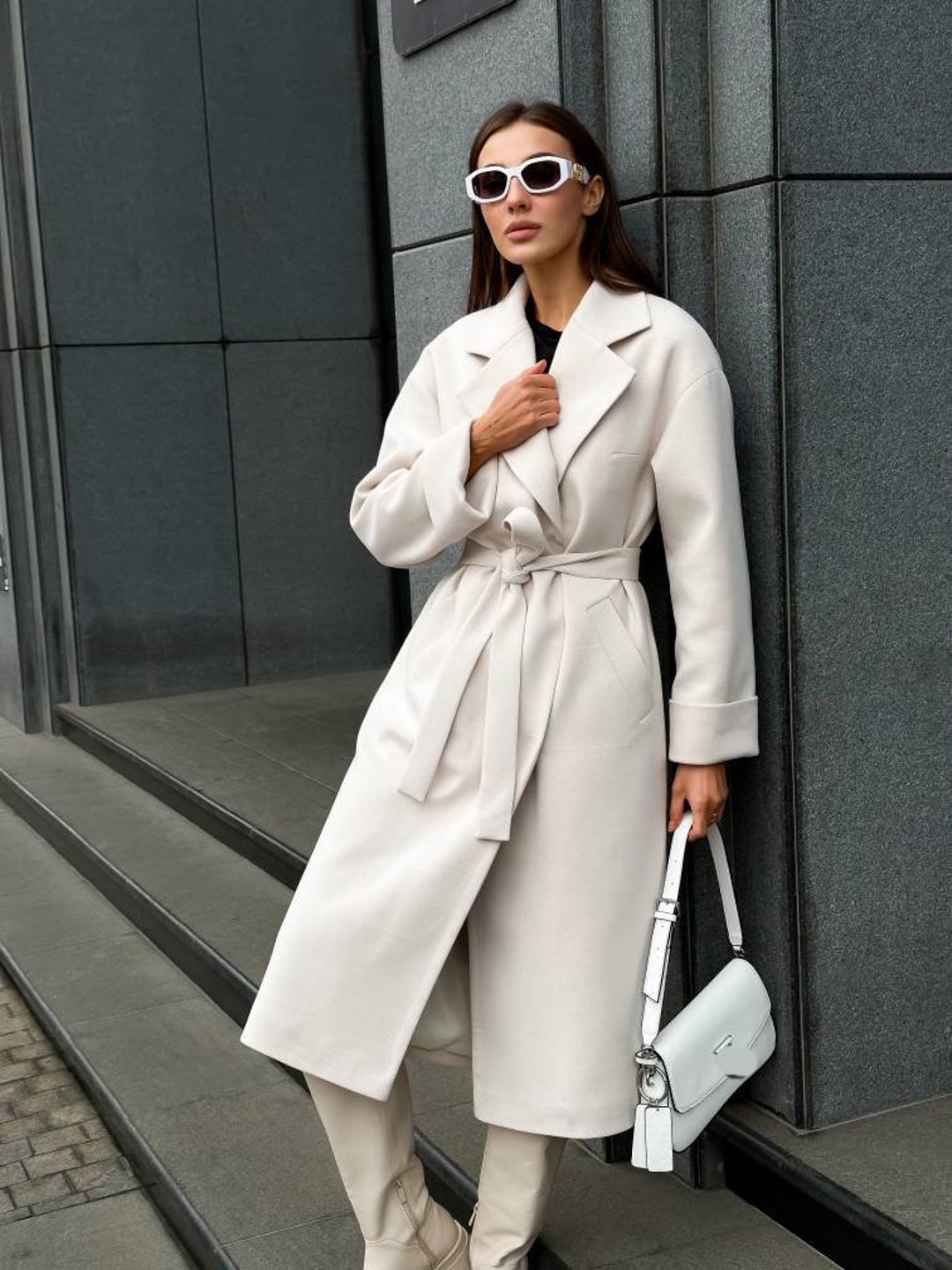 White Herringbone Coat for Women Wool Elegant Wrap Coat - Etsy