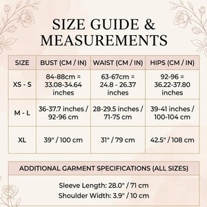 May include: A size guide and measurements chart with a light background and floral accents. The table lists bust, waist, and hip measurements in inches and centimeters for sizes XS-S, M-L, and XL, plus sleeve length and shoulder width specifications.