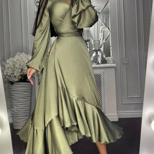 Olive Wrap Silk Dress for Women Asymmetric Flounce Dress Elegant Maxi Dress Romantic Date Dress Wedding Guest Gown Prom Dress Evening Dress