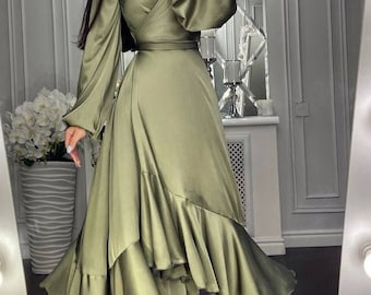 Olive Wrap Silk Dress for Women Asymmetric Flounce Dress Elegant Maxi Dress Romantic Date Dress Wedding Guest Gown Prom Dress Evening Dress