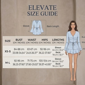 May include: An "ELEVATE SIZE GUIDE" graphic with measurements in centimeters and inches. The guide includes bust, waist, hips, and lengths for XS-S and M-L sizes. A woman in a light blue romper with white polka dots is shown.