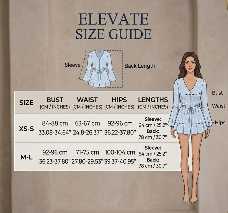 May include: An "ELEVATE SIZE GUIDE" graphic with measurements in centimeters and inches. The guide includes bust, waist, hips, and lengths for XS-S and M-L sizes. A woman in a light blue romper with white polka dots is shown.