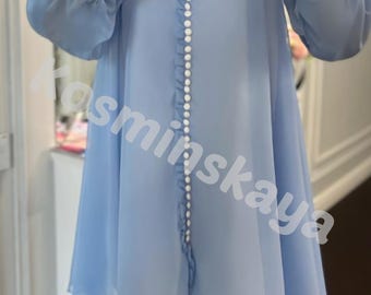 Light Blue Chiffon Mini Dress: Bishop Sleeve Ruffle Dress
