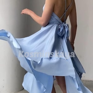 Light Blue Silk Midi Dress: Open Back Bow, Flared Skirt