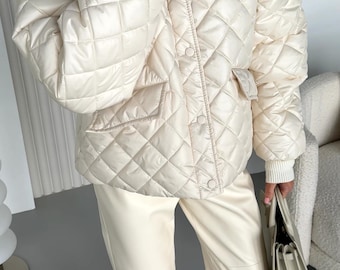 Ivory Quilted Jacket: Water-Repellent, Lightweight, Oversized Spring Coat