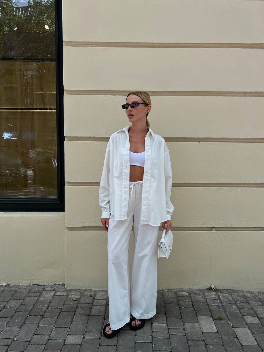 White Linen Suit Set for Women Two Piece Set Loose Fit Shirt - Etsy