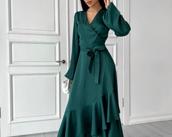emerald green wrap midi dress Tia Silk Wrap Midi Dress