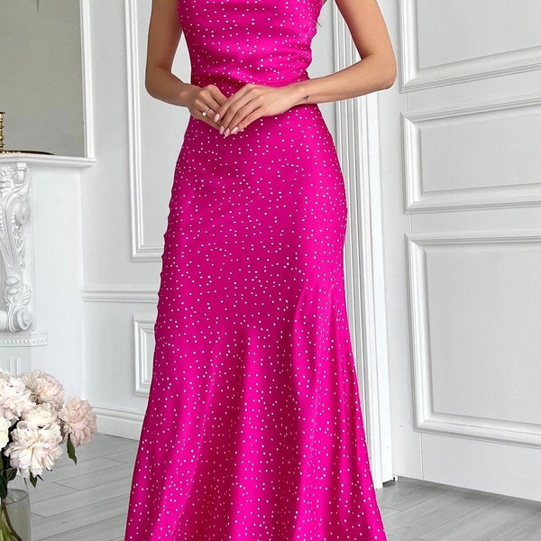 Hot Pink Silk Slip Floor Dress for Women Polka Dot Dress Cowl Neck Dress Celebrations Party Dress Romantic Date Dress Bachelorette Silk Slip