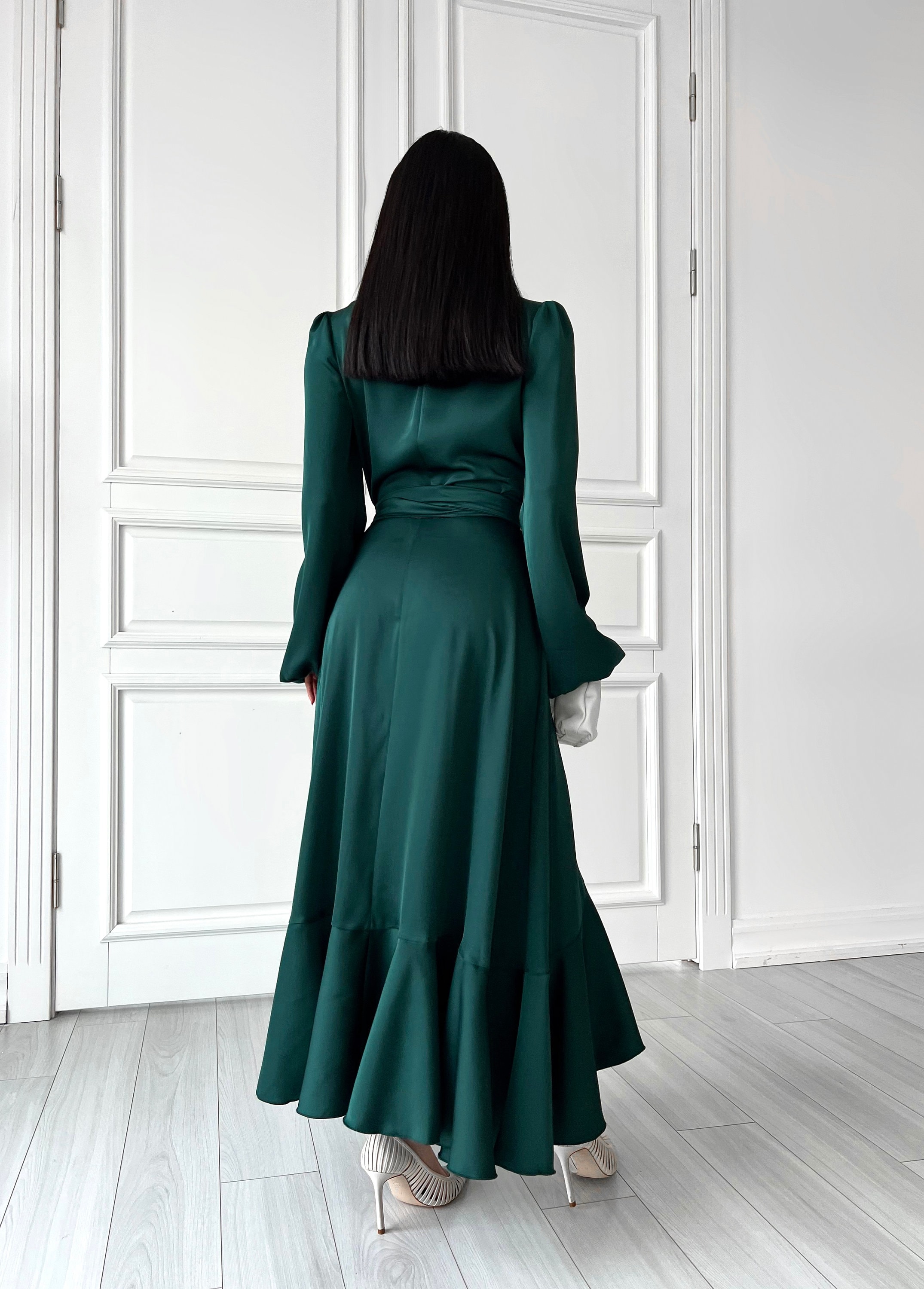 slim fit dress slacks Green Flower Print Midi Wrap Dress M
