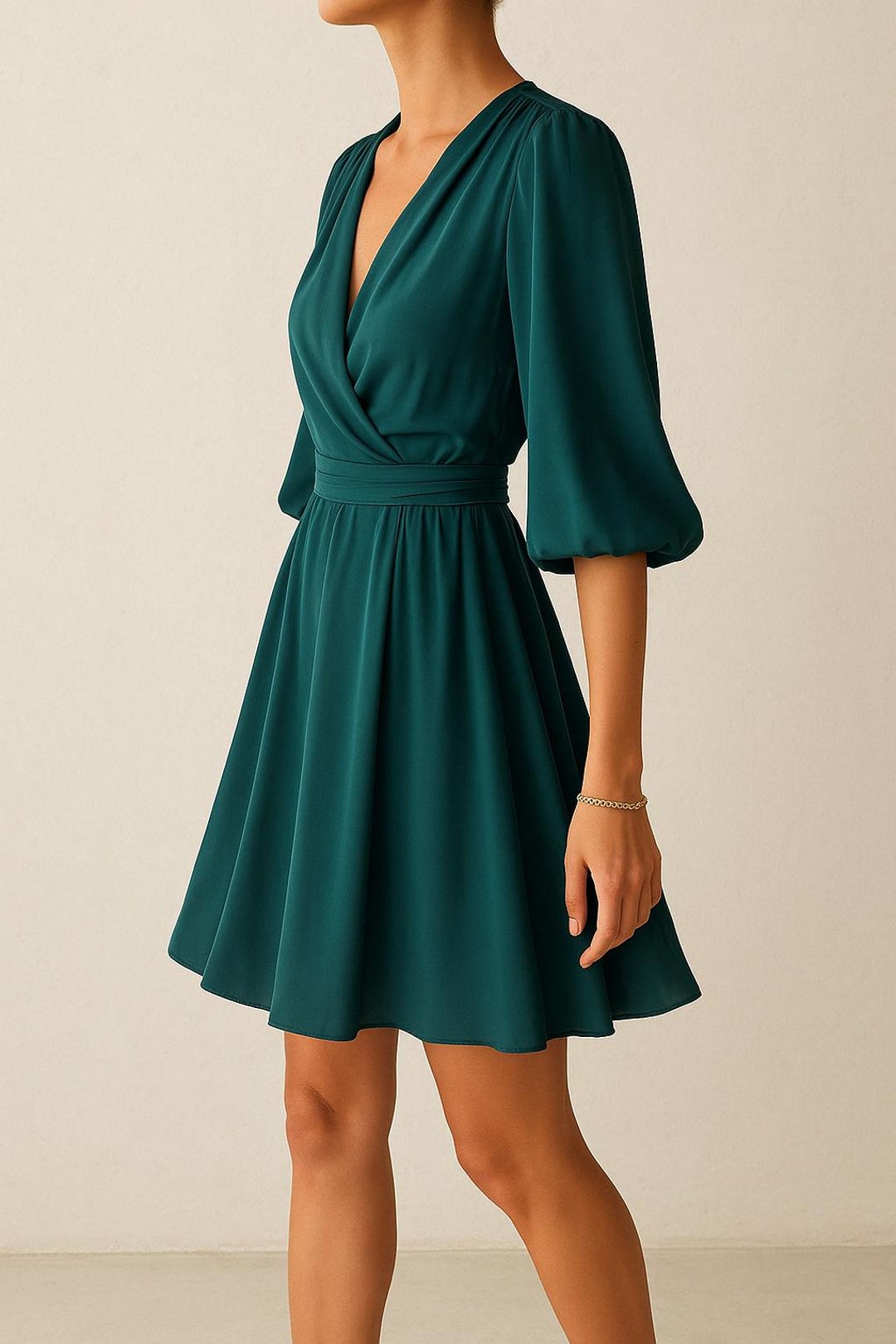 emerald green wrap mini dress Emerald Green Silk Wrap Dress: Deep V Neck Flared Mini Skirt