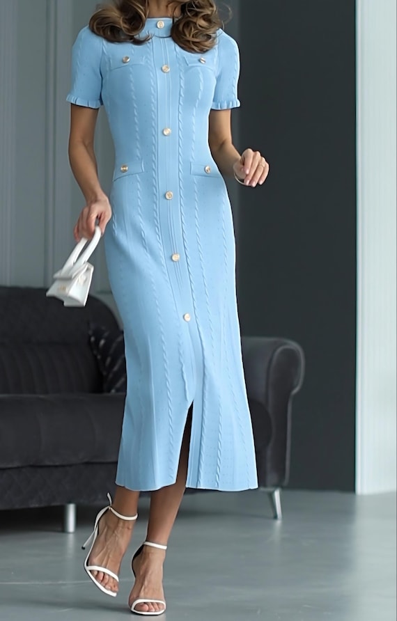 blue dress gold buttons Blake Navy Ponte Jersey Midi Dress Finery London