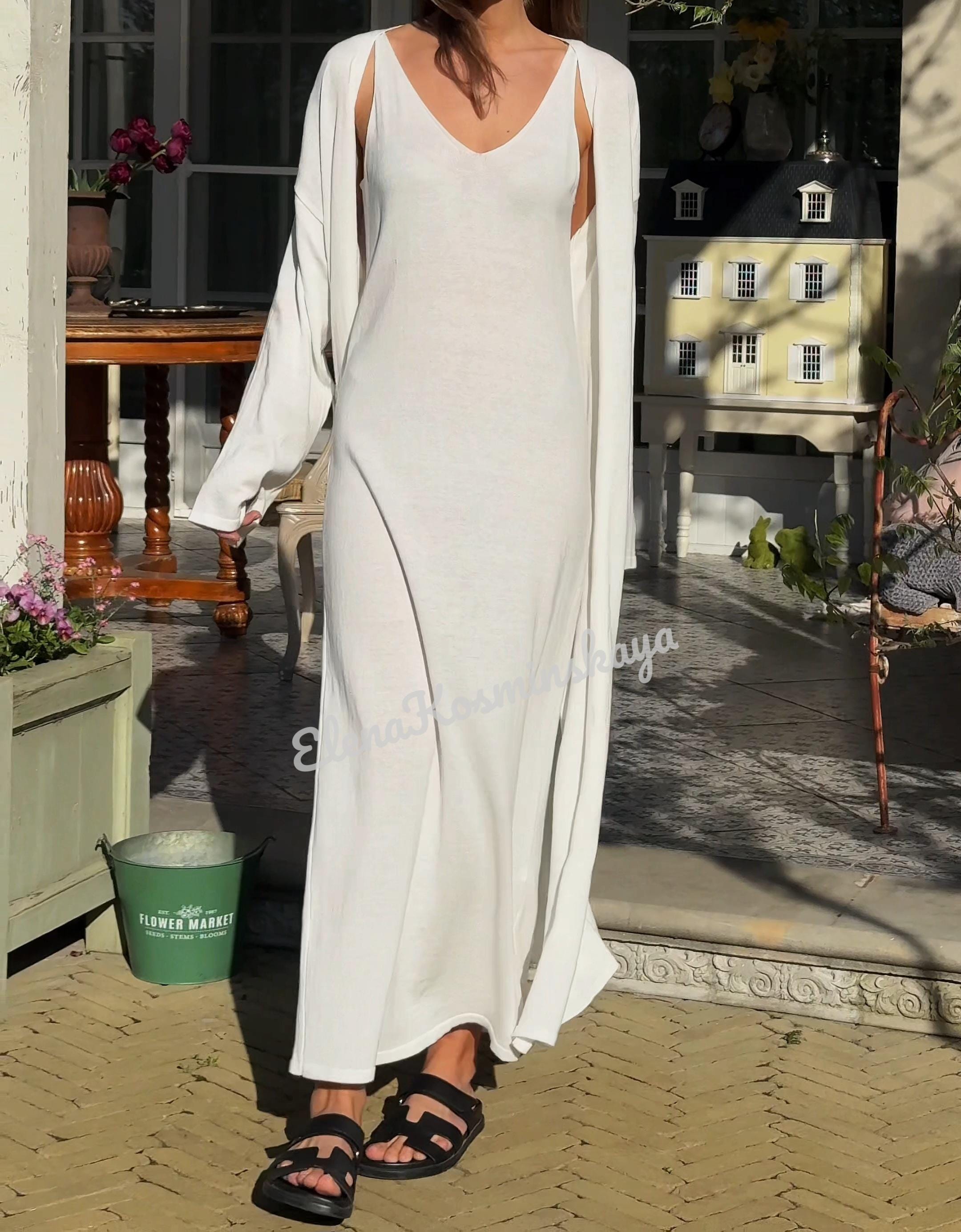 White Cotton Knit Cardigan Dress Set: Oversized Boho Wedding Guest Outfit -  Etsy Hong Kong