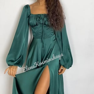 Emerald Green Silk Floor Dress for Women Off Shoulder Dress Silk Maxi Dress Bustier Dress High Slit Dress Puff Long Sleeve Dress Party Dress