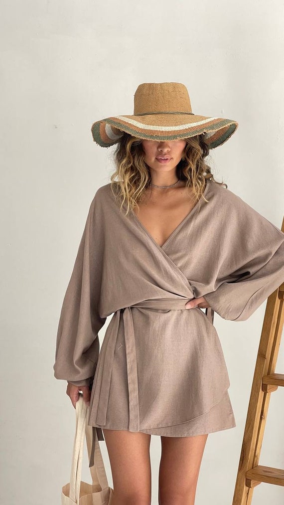 Mocco Linen Kimono Dress: Oversized Wrap Mini Robe Mocco Linen Kimono Dress: Oversized Wrap Mini Robe