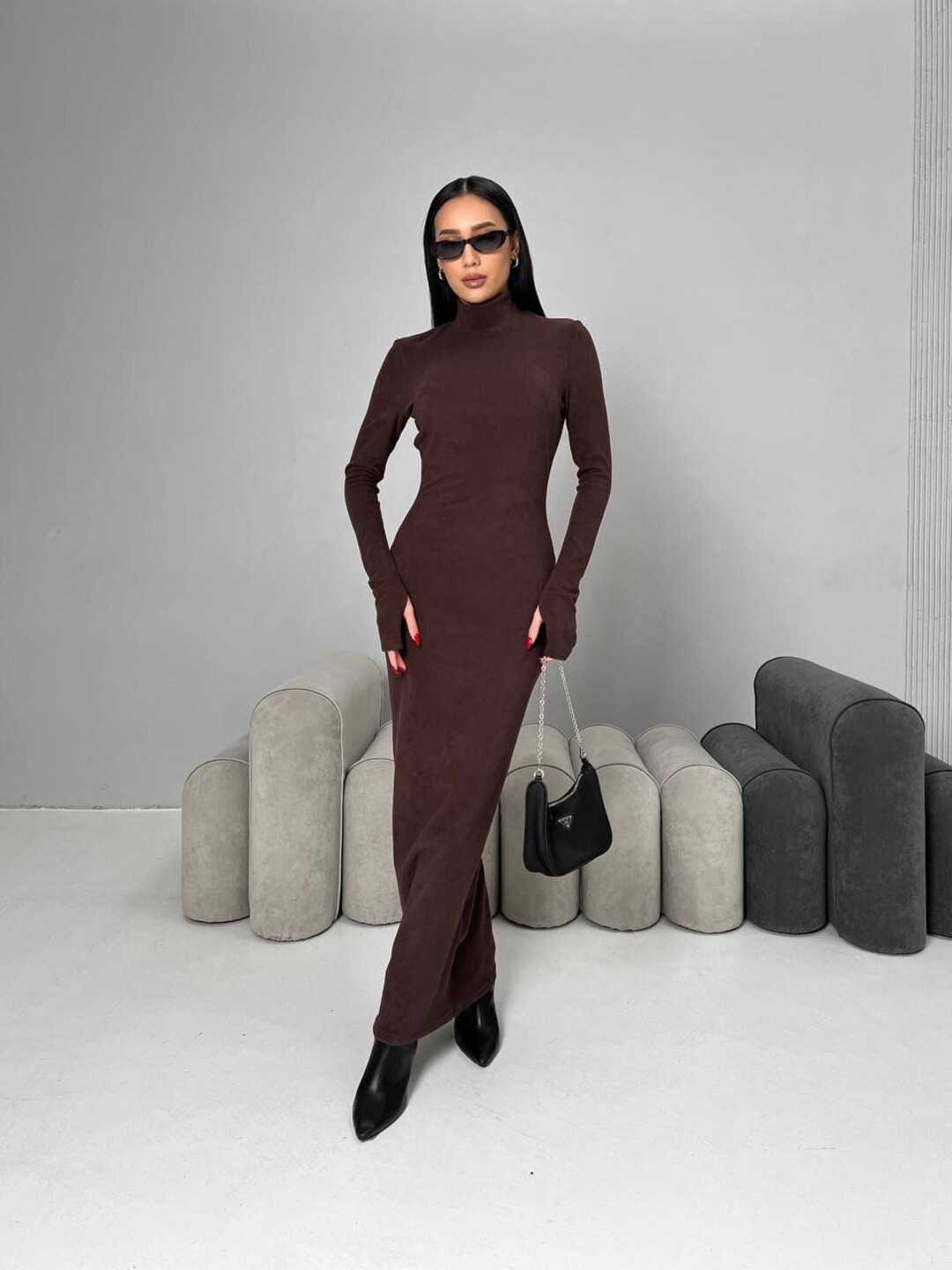 Chocolate Maxi Dress for Women Turtleneck Dress Bodycon Dress Long Sleeve Dress Romantic Date ...