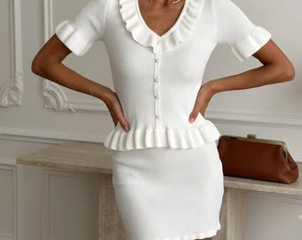 White Knit Two Piece Skirt Set 100% Cotton Ruffle Ribbed Summer Co-ord Elegant Matching Set Romantic Cottagecore Clothing Gift For Her