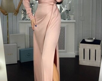 Dusty Pink Silk Dress for Women Floor Dress High Slit Dress Silk Maxi Dress Lantern Sleeve Dress Bachelorette Evening Gown Celebration Dress