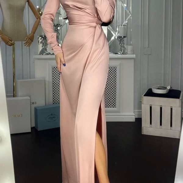 Dusty Pink Silk Dress for Women Floor Dress High Slit Dress Silk Maxi Dress Lantern Sleeve Dress Bachelorette Evening Gown Celebration Dress