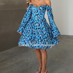 Silk Floral Off Shoulder Dress for Women Puff Sleeve Dress Fitted Dress Summer Party Dress Cocktail Dress Romantic Date Dress Vacation Dress