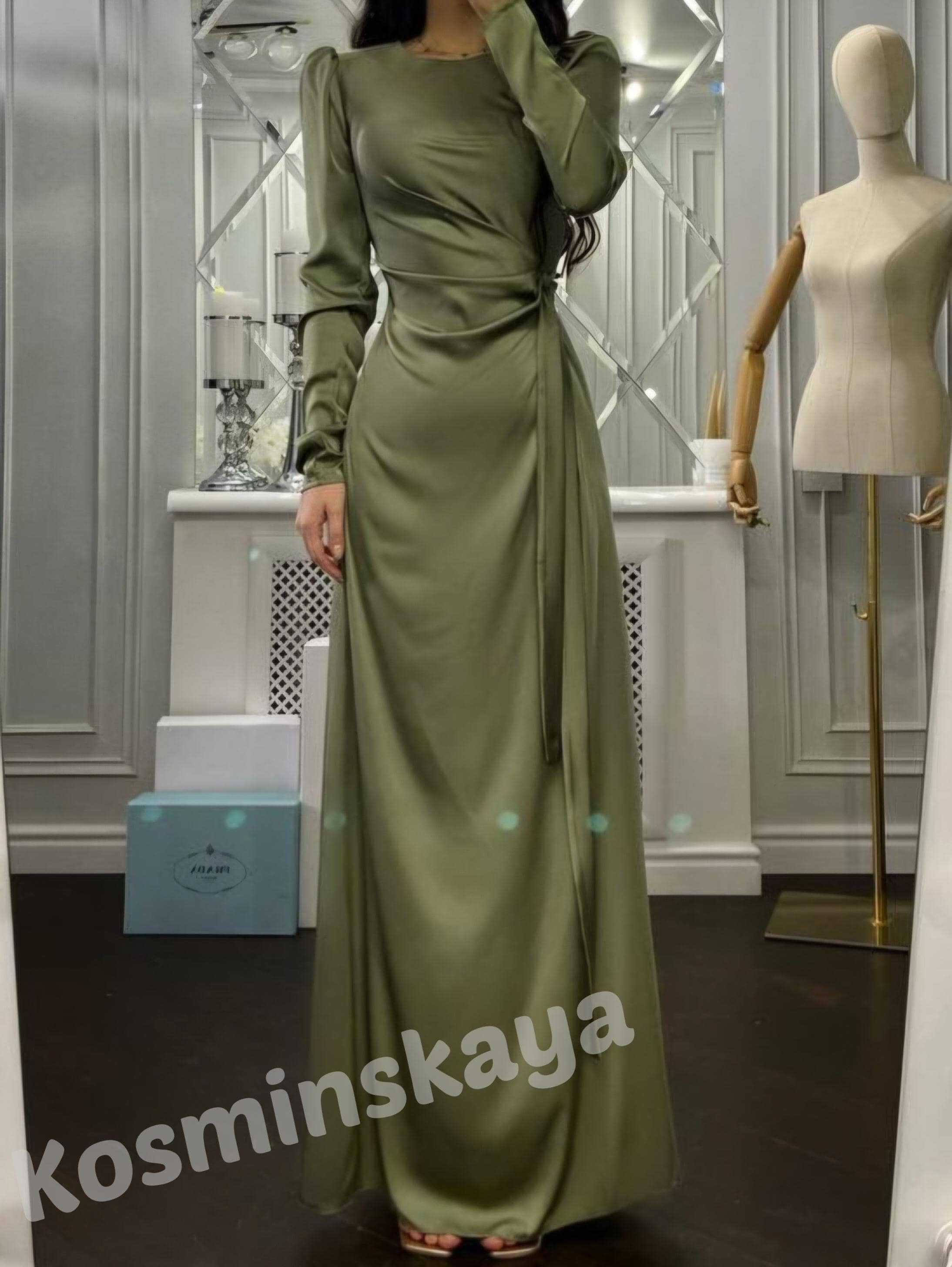 Olive Silk Maxi Dress: Long Sleeve Gown with High Slit