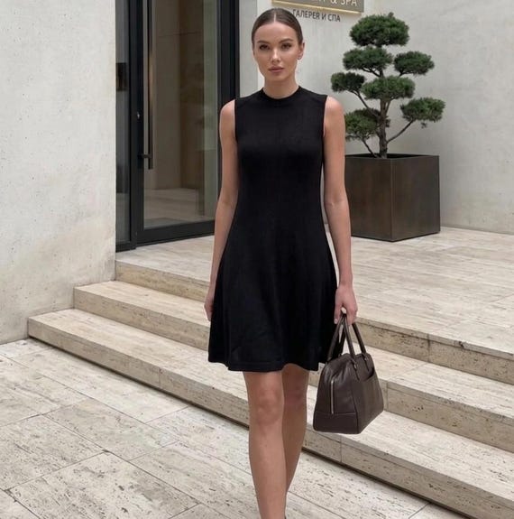 high neck a-line mini dress in black Sleeveless Jersey with Neck, Elegant Short Dress for Women Minimalist Summer Outfit Chic Mock Gown Size:S (32–34)