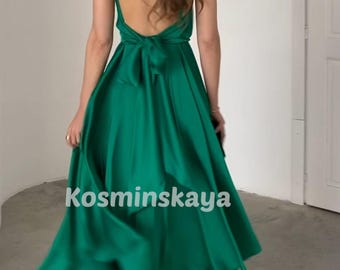 Green Silk Midi Dress: Deep V Neck Open Back Flared Skirt