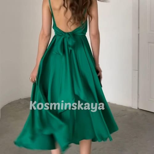 Green Silk Midi Dress: Deep V Neck Open Back Flared Skirt