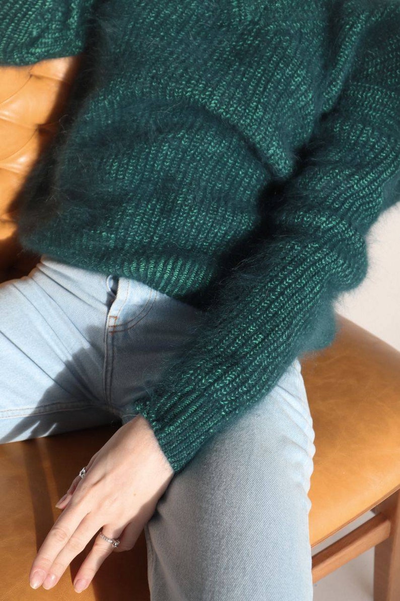 Emerald Knitted Angora Sweater for Women Oversized V neck Casual Green Loose Fit Pullover for Everyday and Special Occasions Winter Jumper