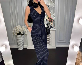 Navy Blue Striped Pantsuit for Women Linen Suit Formal Event Suit Two Piece Set Deep V Neck Gilet Palazzo Trousers Casual Suit Matching Set