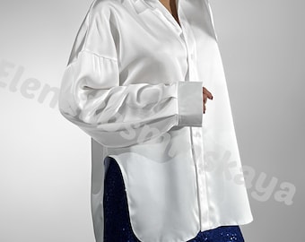 White Satin Asymmetric Blouse: Elegant Long Sleeve Shirt