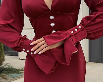 Burgundy Satin Midi Dress: Deep V Neck, Long Sleeve Gown