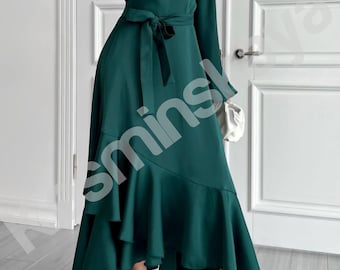 emerald green midi wrap dress Plus Size Warp Maxi Dress | Green Ruffle Sleeve main image 1
