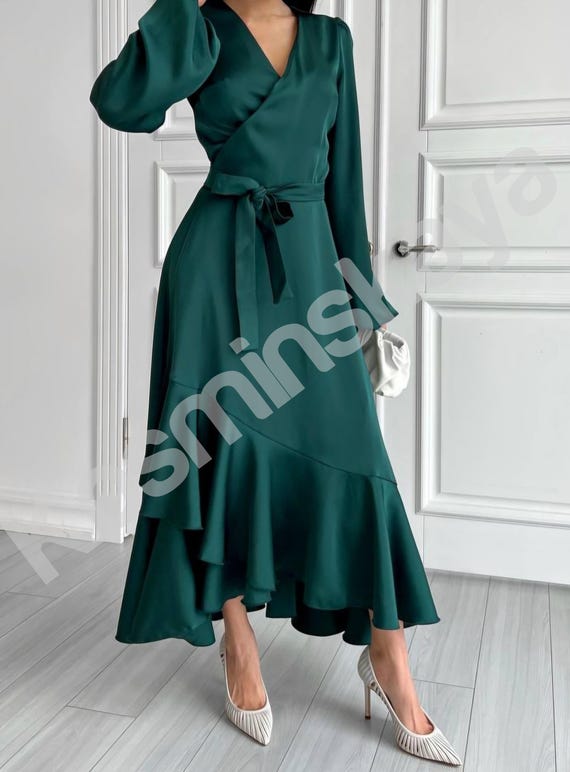 green emerald velvet dress Rise to the Occasion Emerald Green Midi Wrap Dress