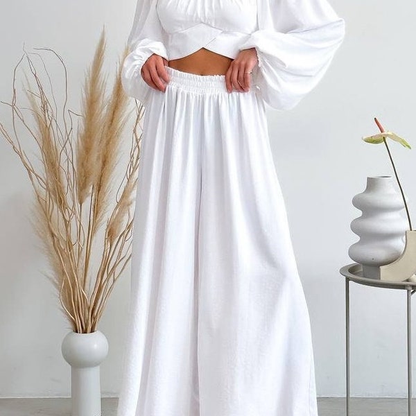 Ensemble pantalon blanc pour femme, ensemble deux pièces, ceinture avec nœud, haut court, pantalon large, haut bouffant à manches longues, pantalon ample, costume élégant, ensemble assorti