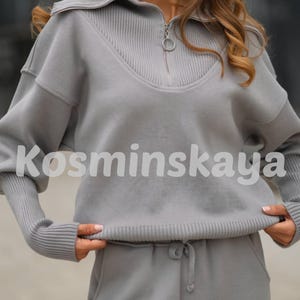 Gray Knitted Suit for Women Merino Wool Suit Two Piece Set Zip Neck Sweater and Jogger Pants Cozy Knit Tracksuit Loungewear Set Merino Suit