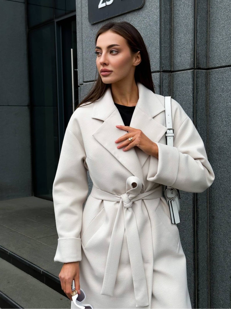 White Herringbone Coat for Women Wool Elegant Wrap Coat Etsy