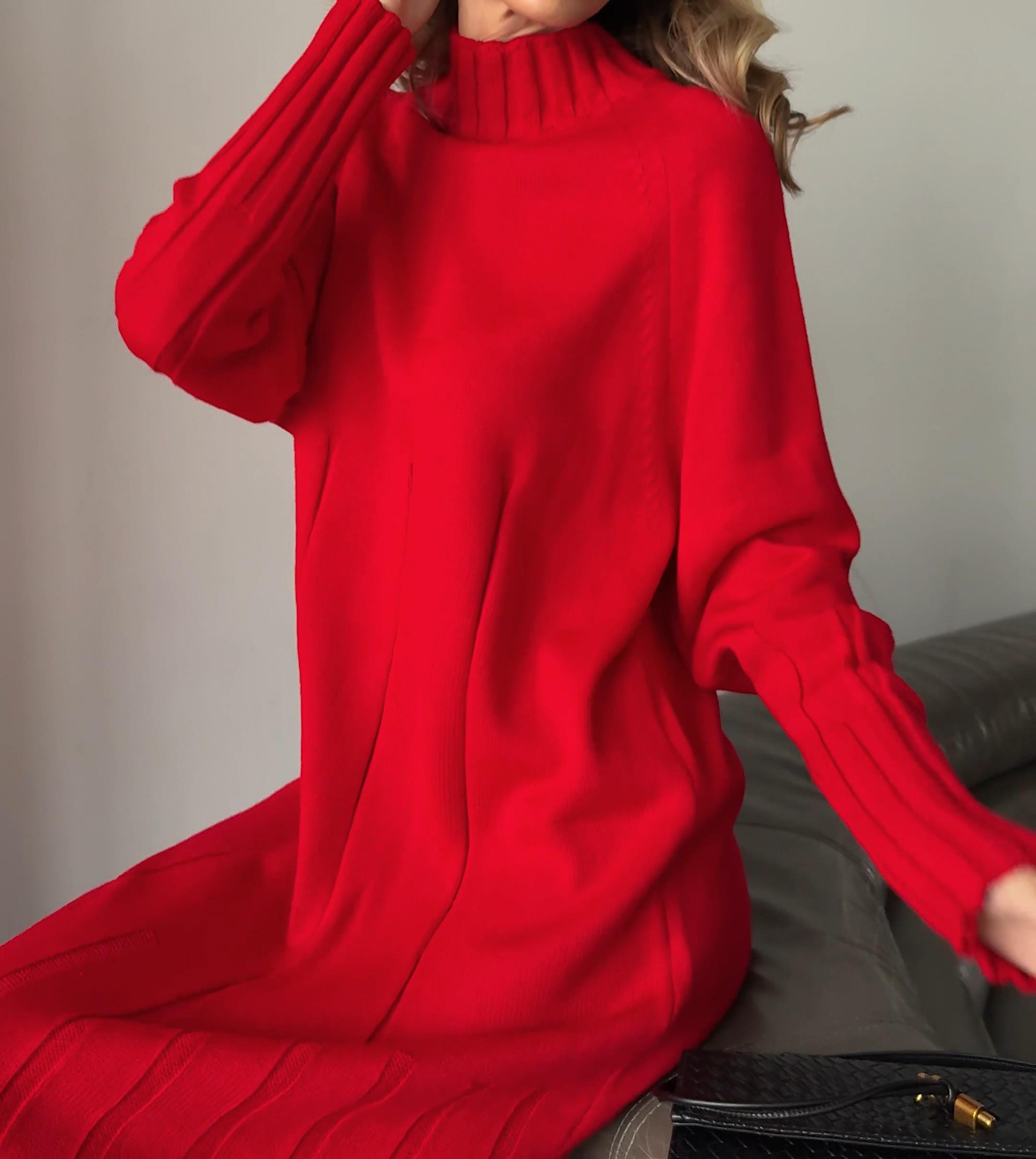 long sleeve red turtleneck dress Red Velvet Turtleneck Dress Red / US 12