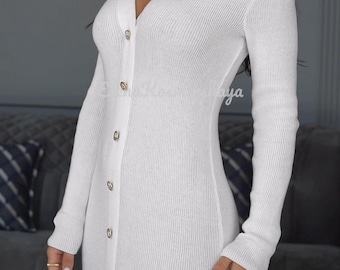 Robe midi en tricot côtelé blanche faite main : manches longues en coton moulante