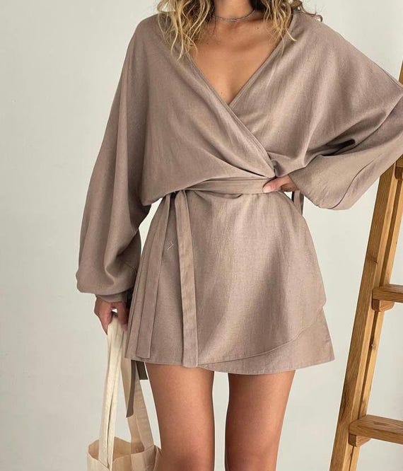 Mocco Linen Kimono Dress: Oversized Wrap Mini Robe