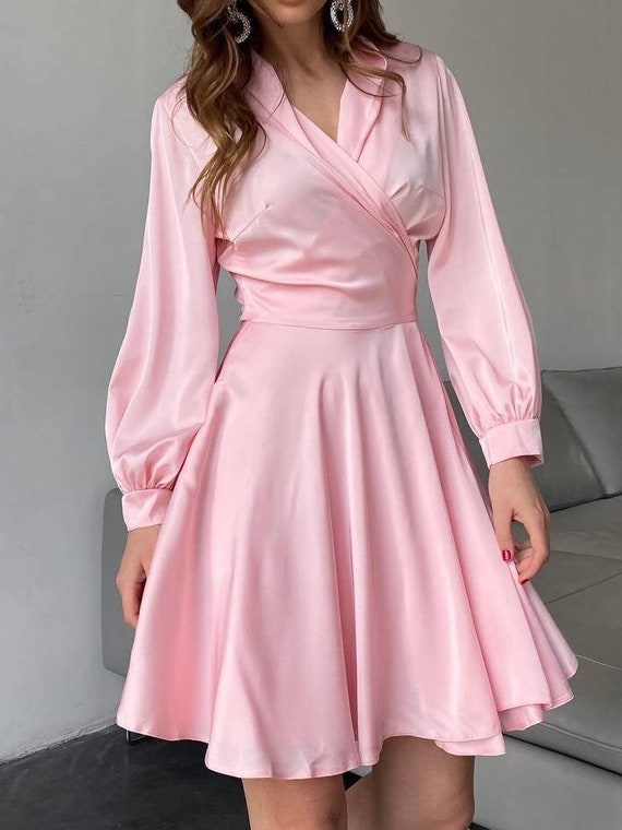 Pink Silk Wrap Dress: Bishop Sleeve Mini Dress