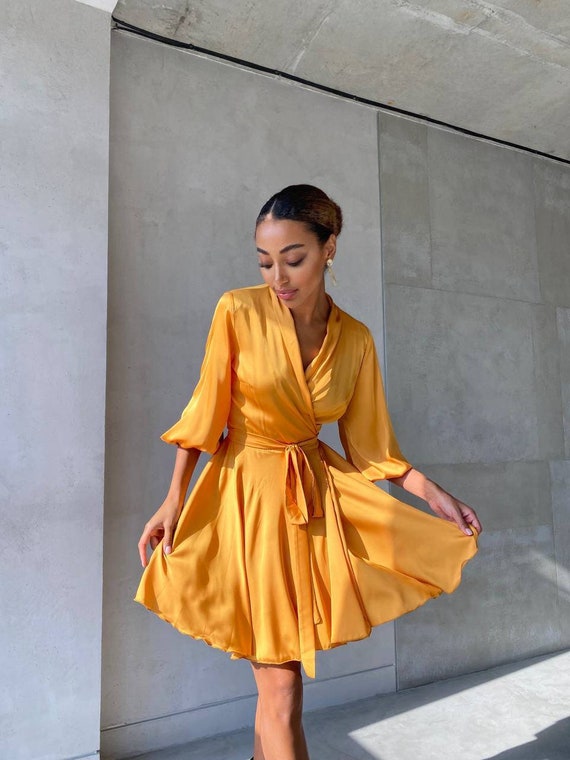 Orange Wrap Silk Mini Dress for Women 