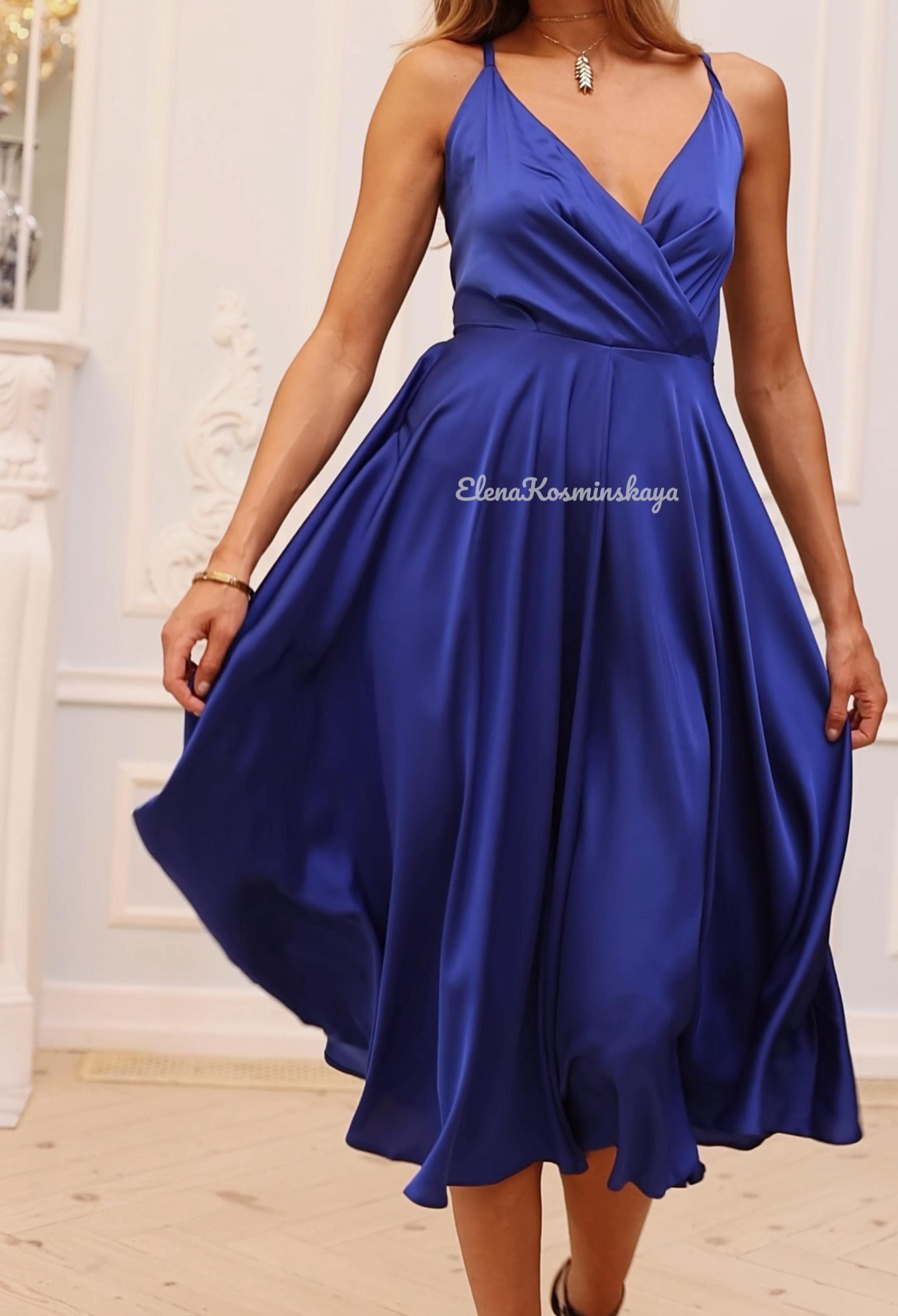 Royal Blue Silk Midi Dress: Sleeveless Bow Belt Cocktail Dress Royal Blue Silk Midi Dress: Sleeveless Bow Belt Cocktail Dress