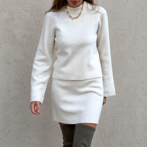 White Lambswool Knitted Suit 2 Piece Set Turtleneck Pullover High Rise Skirt Cozy Matching Set Elegant Outfit