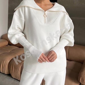White Merino Wool Knitted Suit for Women Warm Pantsuit 2 Piece Set Cuff Sleeve Pullover Jogger Pants with Pockets Loose Fit Suit Cozy Suit