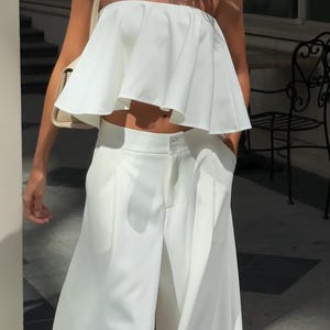 White Suit for Women 2 Piece Set Crop Bandeau Top Wide Leg Pants Trendy Elegant Pants Suit Ruffle Top High Rise Trousers Wedding Guest Suit